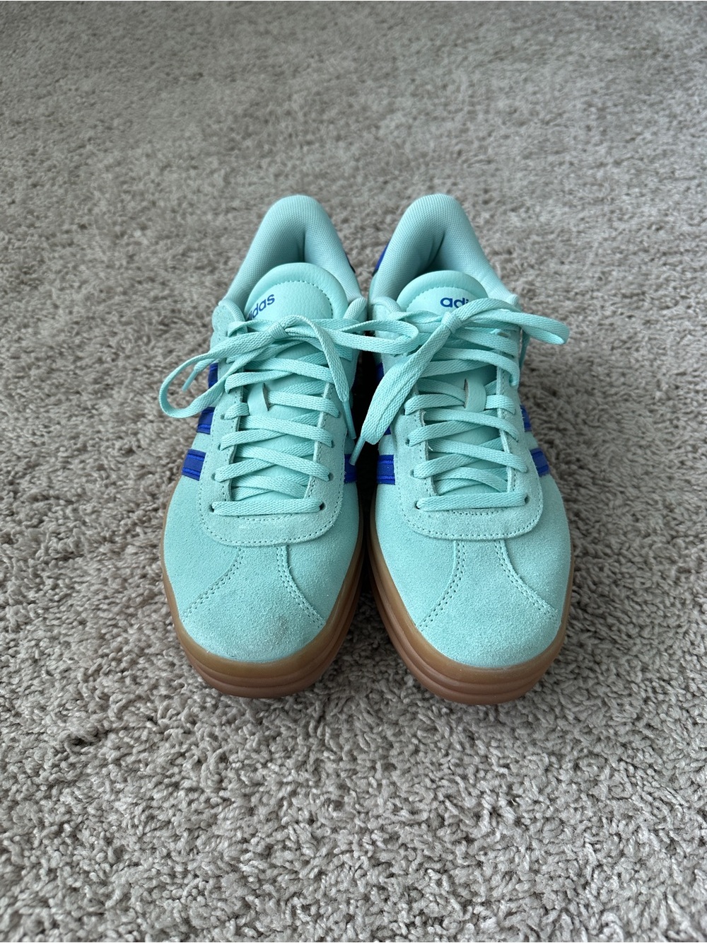 adidas Women's Mint Teal Suede Sneakers with Blue Stripes and Gum Sole
